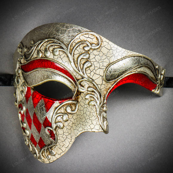 Phantom of the Opera Venetian Mardi Gras Masquerade - Silver Red - Picture 1 of 10